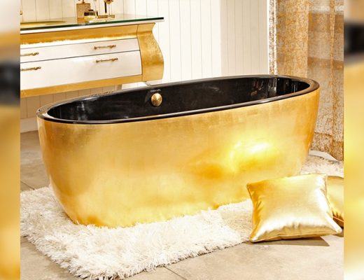 Complete Your Bathroom Oasis: Discover Exquisite Design with Round Mirrors, Comfortable Shower Seats, and Luxurious Gold Freestanding Tub Faucets!