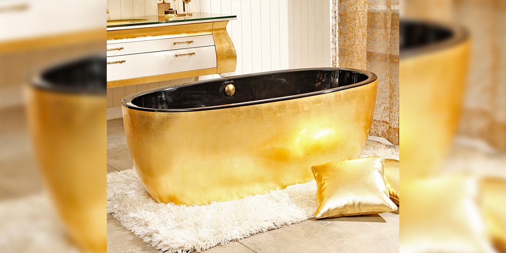 Complete Your Bathroom Oasis: Discover Exquisite Design with Round Mirrors, Comfortable Shower Seats, and Luxurious Gold Freestanding Tub Faucets!